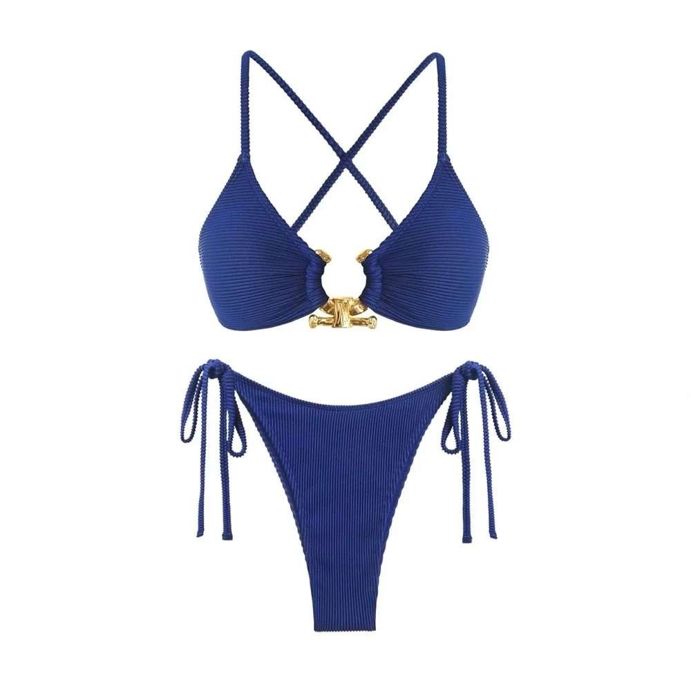 Zaful Womens Navy Blue Ribbed Bikini Set Gold Hardware Tie Side Size S NWT